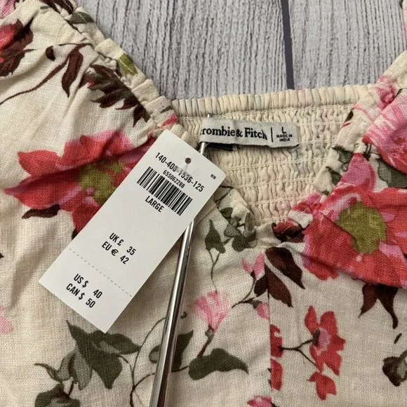 Abercrombie & Fitch Linen Blend Ruffle Top Pink Floral Size Large New‎ With Tags - Picture 4 of 6